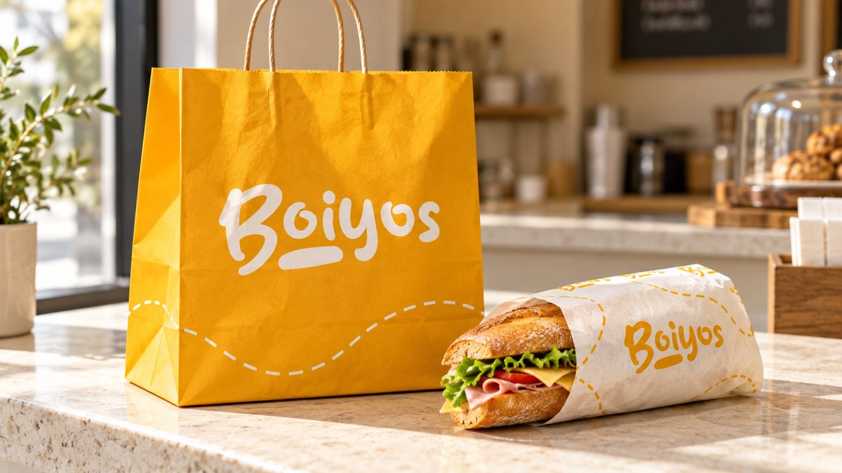 A yellow paper bag on a shop counter, a wrapped baguette leaning against it.