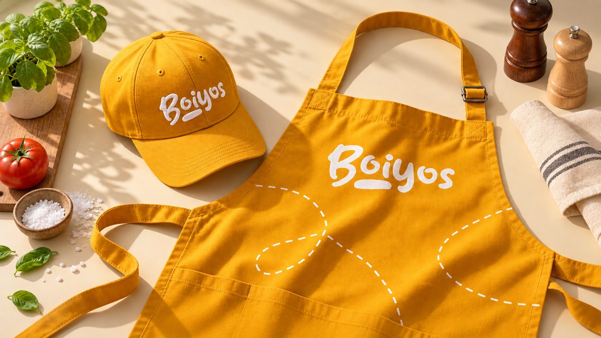 A yellow apron and cap laid out on a worktop with tomatoes, basil and a bowl of salt.