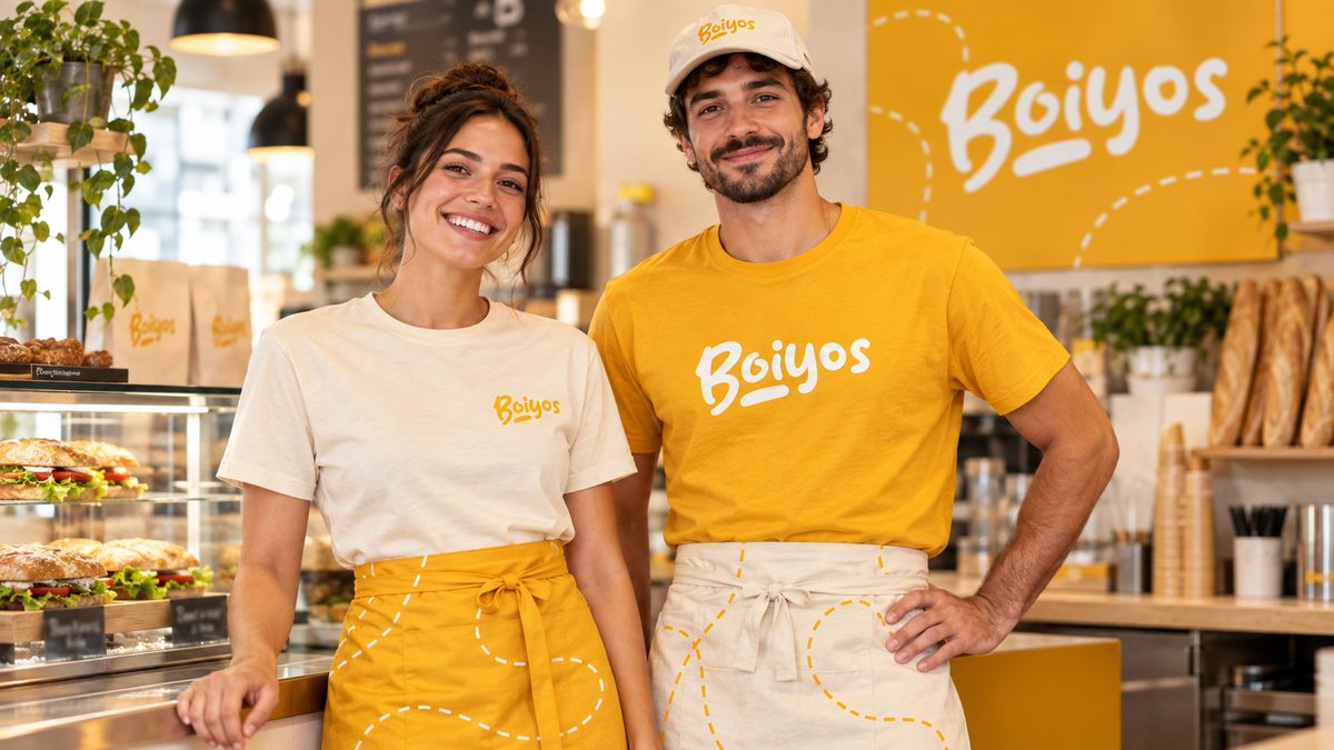 Two members of staff behind the counter in branded tees and aprons, the logotype on the wall behind them.