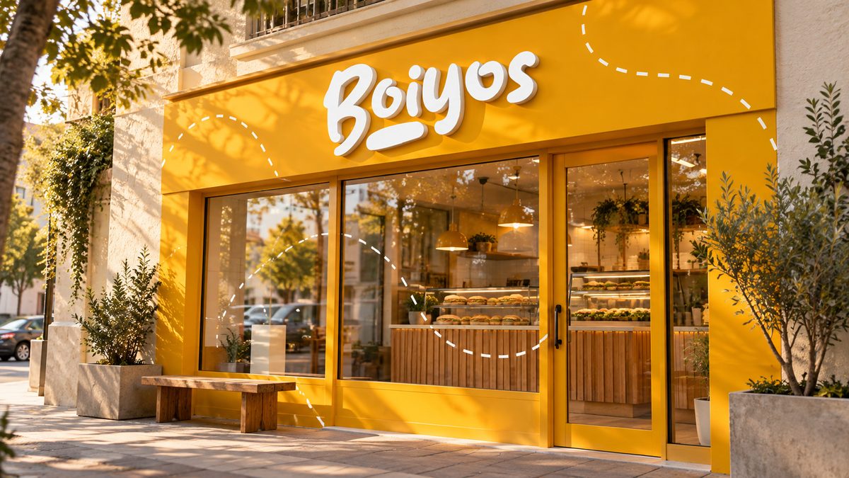 The shopfront in yellow, the logotype above the window and bread visible inside.