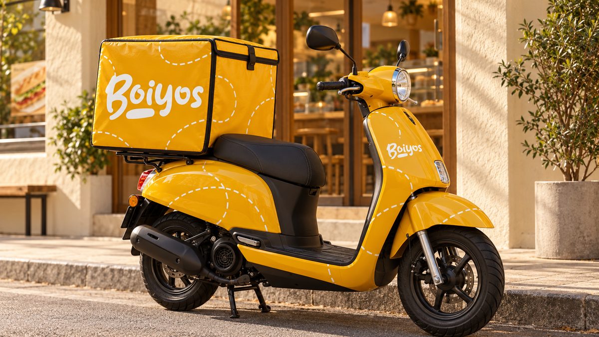 A yellow delivery scooter with a branded top box, parked outside the shop.