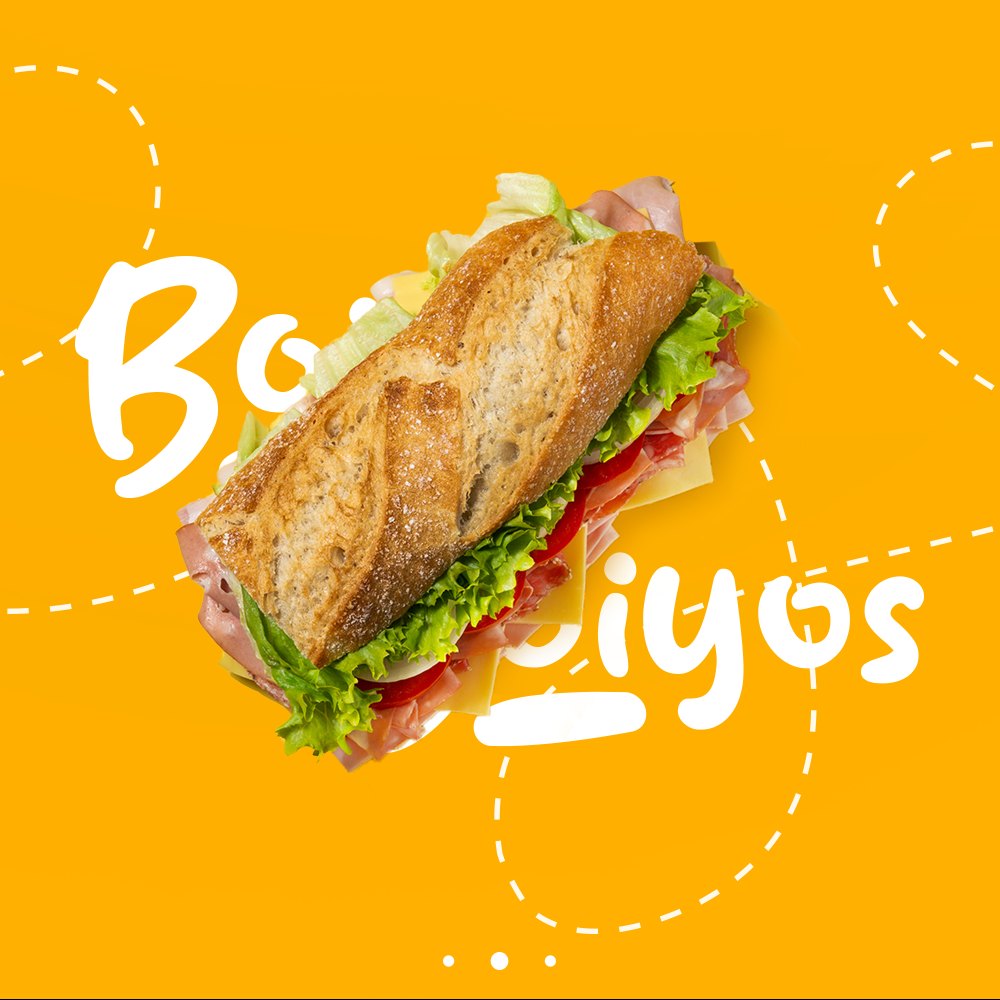 The social post: a baguette photographed over the yellow logotype on a dashed-line background.