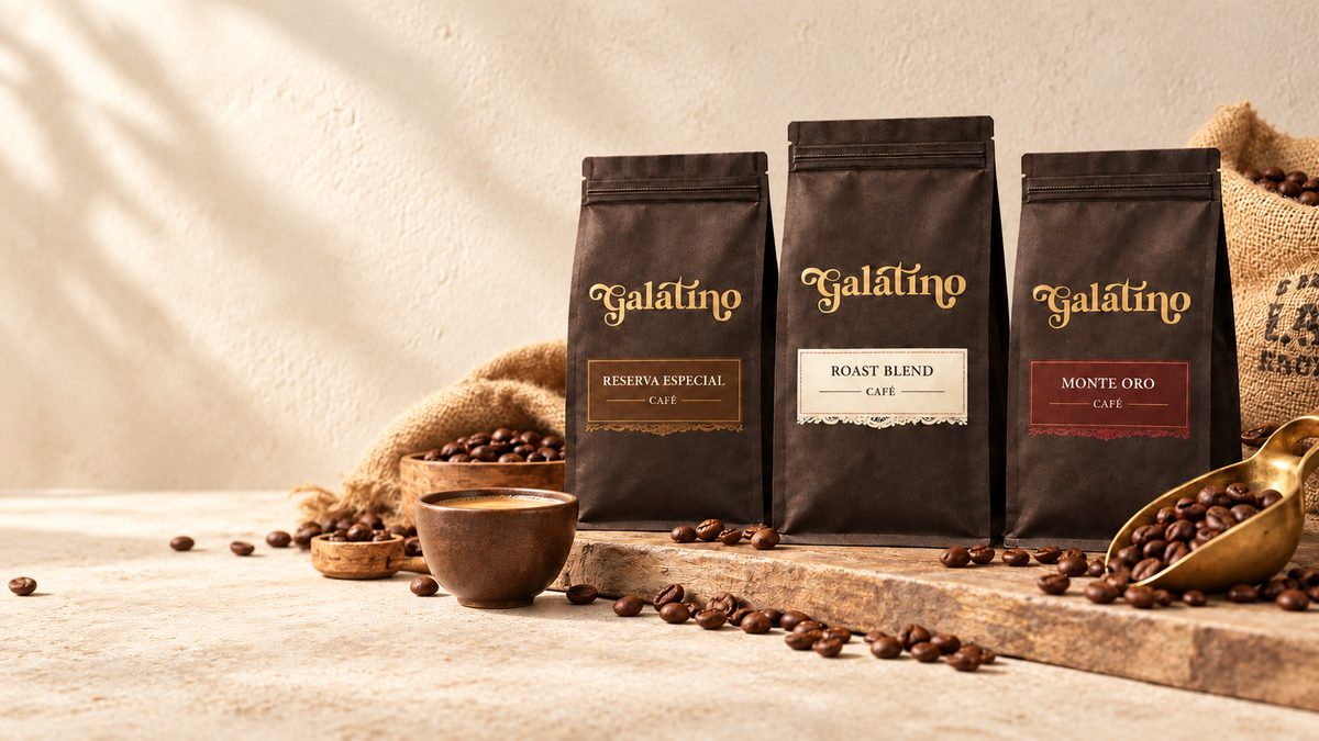 Three Galatino coffee bags in a row on a stone counter, beside a wooden bowl of beans and a burlap sack.