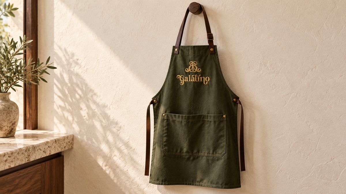 An olive green work apron hanging from a wall hook, the logotype embroidered in gold.