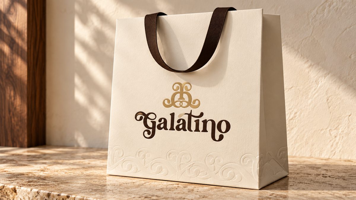 A cream paper shopping bag with brown ribbon handles and the logotype embossed below it.