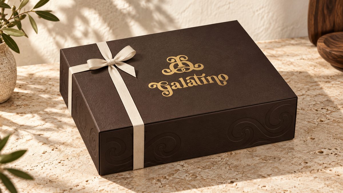 A dark gift box tied with a cream ribbon, its sides embossed with the scroll pattern.