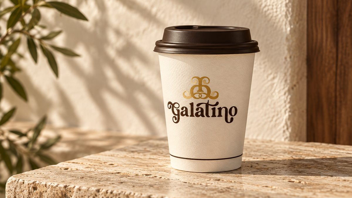 A takeaway cup in cream and brown, the gold monogram set above the logotype.